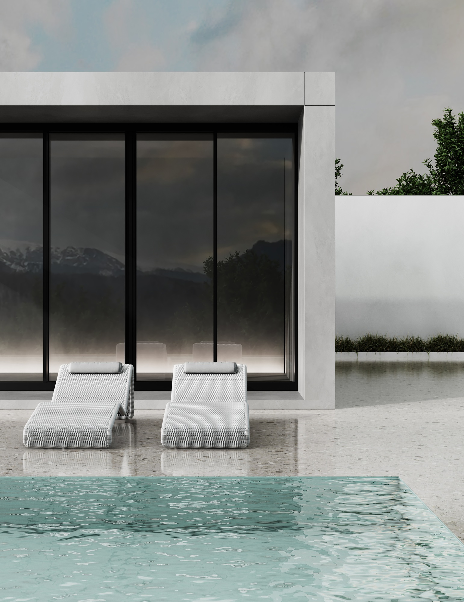 Modern luxury house with a pool in the mountains, 3d rendering